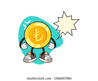 Turkish lira gold coin angry with speech bubble cartoon. Mascot Character vector.