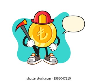 Turkish lira gold coin firefighter with speech bubble cartoon. Mascot Character vector.