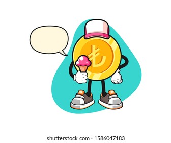 Turkish lira gold coin hold ice cream with speech bubble cartoon. Mascot Character vector.