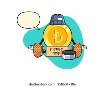 Turkish lira gold coin homeless with speech bubble cartoon. Mascot Character vector.