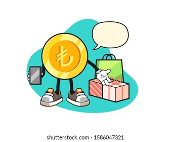 Turkish lira gold coin online shopping with speech bubble cartoon. Mascot Character vector.