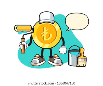 Turkish lira gold coin painter with speech bubble cartoon. Mascot Character vector.