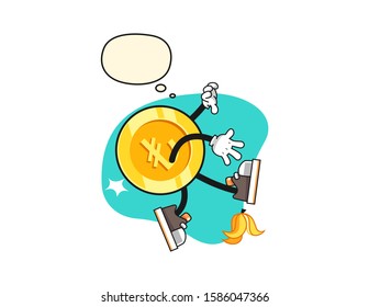 Turkish lira gold coin slip on banana peel with thought bubble cartoon. Mascot Character vector.