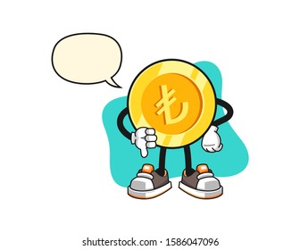 Turkish lira gold coin thumbs down with speech bubble cartoon. Mascot Character vector.