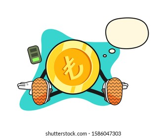 Turkish lira gold coin tired with thought bubble cartoon. Mascot Character vector.