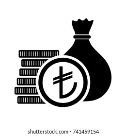 Turkish Lira, money bag with coins and TRY currency symbol, vector illustration.