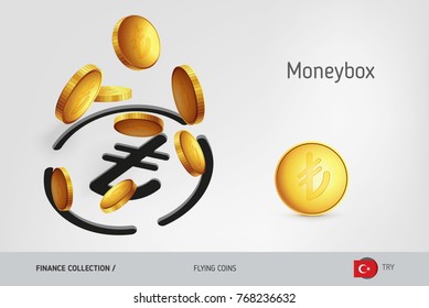 Turkish Lira money box with flying Turkish Lira coins, finance concept.Vector illustration.