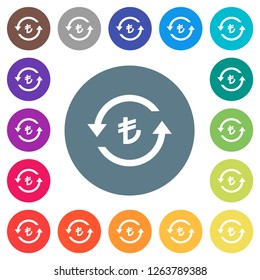 Turkish Lira pay back flat white icons on round color backgrounds. 17 background color variations are included.