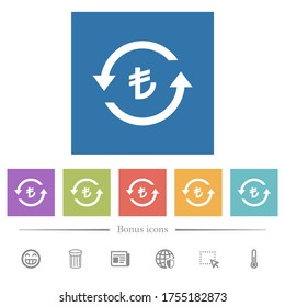 Turkish Lira pay back flat white icons in square backgrounds. 6 bonus icons included.