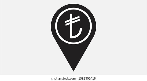 Turkish lira pointer icon. Turkish lira with location icon. Turkish lira map marker. Turkish lira exchange map marker filled vector icon