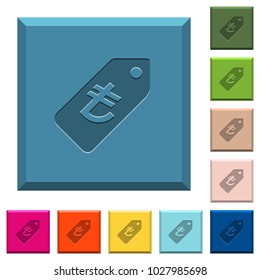 Turkish Lira price label engraved icons on edged square buttons in various trendy colors