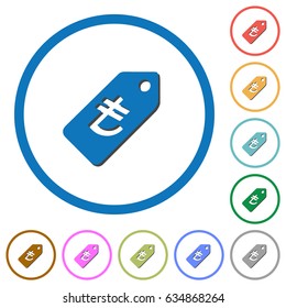 Turkish Lira price label flat color vector icons with shadows in round outlines on white background