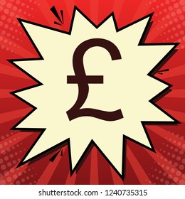 Turkish lira sign. Vector. Dark red icon in lemon chiffon shutter bubble at red popart background with rays.