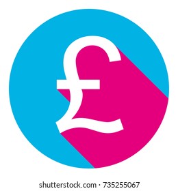 Turkish lira sign. Vector. Flat white icon with mexican pink shadow inside sky blue(S and G) circle at white background. Isolated. Trend colors in 2017.