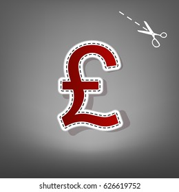 Turkish lira sign. Vector. Red icon with for applique from paper with shadow on gray background with scissors.
