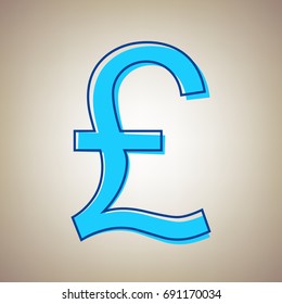 Turkish lira sign. Vector. Sky blue icon with defected blue contour on beige background.