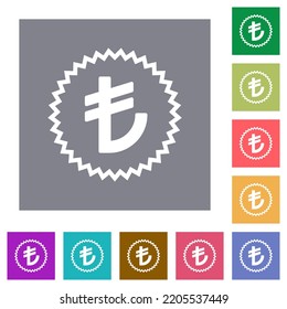 Turkish Lira sticker alternate flat icons on simple color square backgrounds