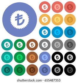 Turkish Lira sticker multi colored flat icons on round backgrounds. Included white, light and dark icon variations for hover and active status effects, and bonus shades on black backgounds.