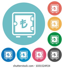 Turkish Lira strong box flat white icons on round color backgrounds
