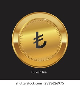 Turkish lira TRY logo vector illustration. Turkish lira, TRY symbol on golden coin Isolated background.