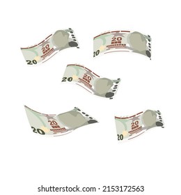 Türkische Lira-Vektorgrafik. Die Türkei hat Geldpakete für Banknoten zusammengestellt. Falling, fliegendes Geld 20 TRY. Flacher Stil. Einzeln auf weißem Hintergrund. Einfaches minimales Design.