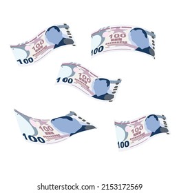 Turkish Lira Vector Illustration. Turkey money set bundle banknotes. Falling, flying money 100 TRY. Flat style. Isolated on white background. Simple minimal design.