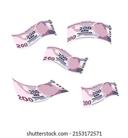 Turkish Lira Vector Illustration. Turkey money set bundle banknotes. Falling, flying money 200 TRY. Flat style. Isolated on white background. Simple minimal design.