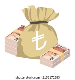 Turkish Lira Vector Illustration. Turkey money set bundle banknotes. Money bag 50 TRY. Flat style. Isolated on white background. Simple minimal design.