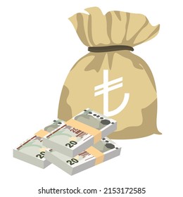 Turkish Lira Vector Illustration. Turkey money set bundle banknotes. Money bag 20 TRY. Flat style. Isolated on white background. Simple minimal design.