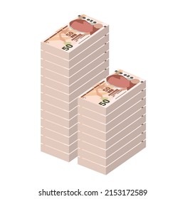 Türkische Lira-Vektorgrafik. Die Türkei hat Geldpakete für Banknoten zusammengestellt. Papier Geld 50 TRY. Flacher Stil. Einzeln auf weißem Hintergrund. Einfaches minimales Design.