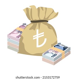 Turkish Lira Vector Illustration. Turkey money set bundle banknotes. Money bag 200, 100, 50, 20 TRY. Flat style. Isolated on white background. Simple minimal design.