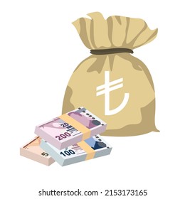 Turkish Lira Vector Illustration. Turkey money set bundle banknotes. Money bag 200, 100, 50 TRY. Flat style. Isolated on white background. Simple minimal design.