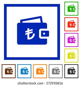 Turkish Lira wallet flat color icons in square frames on white background