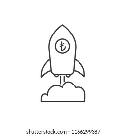 Turkish liras growth icon with rocket sign. Earnings increase. Vector.