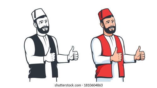 Turkish man in fez smiling affably. Positive Turk thumb up gesture. Vector isolated cartoon illustration.