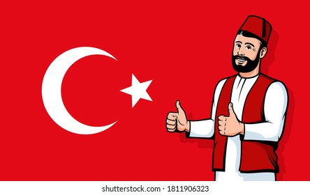 Turkish man in fez smiling on Turkey flag background. Positive Turk thumb up gesture. Vector isolated cartoon illustration.