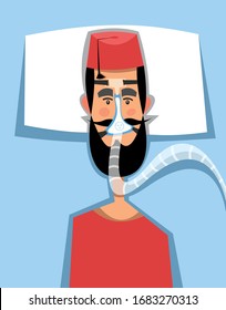 Turkish man who got coronavirus. Concept of treating coronavirus. Breathing oxygen apparatus. Flat vector illustration in cartoon style.