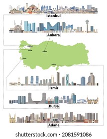 Turkish map with main cities skylines vector set