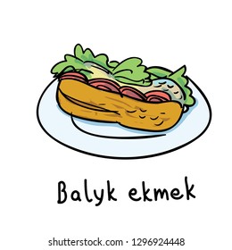Turkish meal vector  illustration isolated on background. Turkish bread with fish. Colorful illustration of dish.