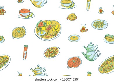 Turkish meals vector pattern isolated on background. Turkish tea, breakfast, meetballs,soup, delight, baklava. Ten dishes.