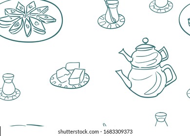 Turkish meals vector pattern isolated on background. Turkish tea, breakfast, meetballs,soup, delight, baklava. Ten dishes.