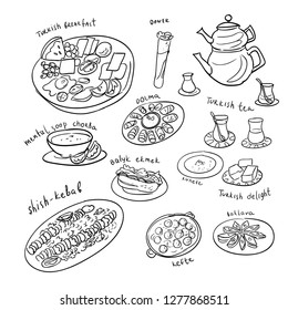 Turkish meals vector set isolated on background. Turkish tea, breakfast, meetballs,soup, delight, baklava. Ten dishes.