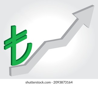 Turkish money currency appreciation. Green Turkish Lira icon with grey increasing arrow vector illustration