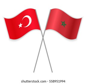 Turkish and Moroccan crossed flags. Turkey combined with Morocco isolated on white. Language learning, international business or travel concept.