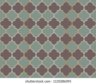 Turkish Mosque Vector Seamless Pattern. Eid al fitr muslim background.  Holy month ramadan kareem mosque pattern with gold grid mosaic.  Islamic textile grid design of lantern shapes tiles.