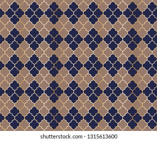 Turkish Mosque Vector Seamless Pattern. Argyle rhombus muslim textile background. Traditional mosque pattern with gold grid. Chic islamic argyle seamless design of lantern lattice shape tiles.