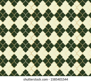 Turkish Mosque Vector Seamless Pattern. Argyle rhombus muslim textile background. Traditional ramadan pattern with gold grid. Cool islamic argyle seamless design of lantern lattice shape tiles.