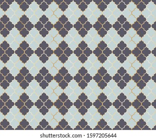 Turkish Mosque Vector Seamless Pattern. Argyle rhombus muslim fabric background. Traditional mosque pattern with gold grid. Rich islamic argyle seamless design of lantern lattice shape tiles.