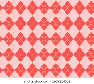 Turkish Mosque Vector Seamless Pattern. Argyle rhombus muslim fabric background. Traditional ramadan pattern with gold grid. Trendy islamic argyle seamless design of lantern lattice shape tiles.