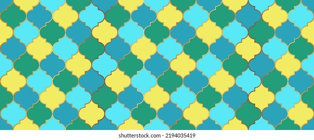 Turkish Mosque Window Shape. Seamless Moroccan Texture Traditional Ramadan Mosque Golden Motif. Eid Mubarak Islamic Decoration. Ramadan Kareem Islam Background. Moroccan Seamless Mosaic Ornament.
